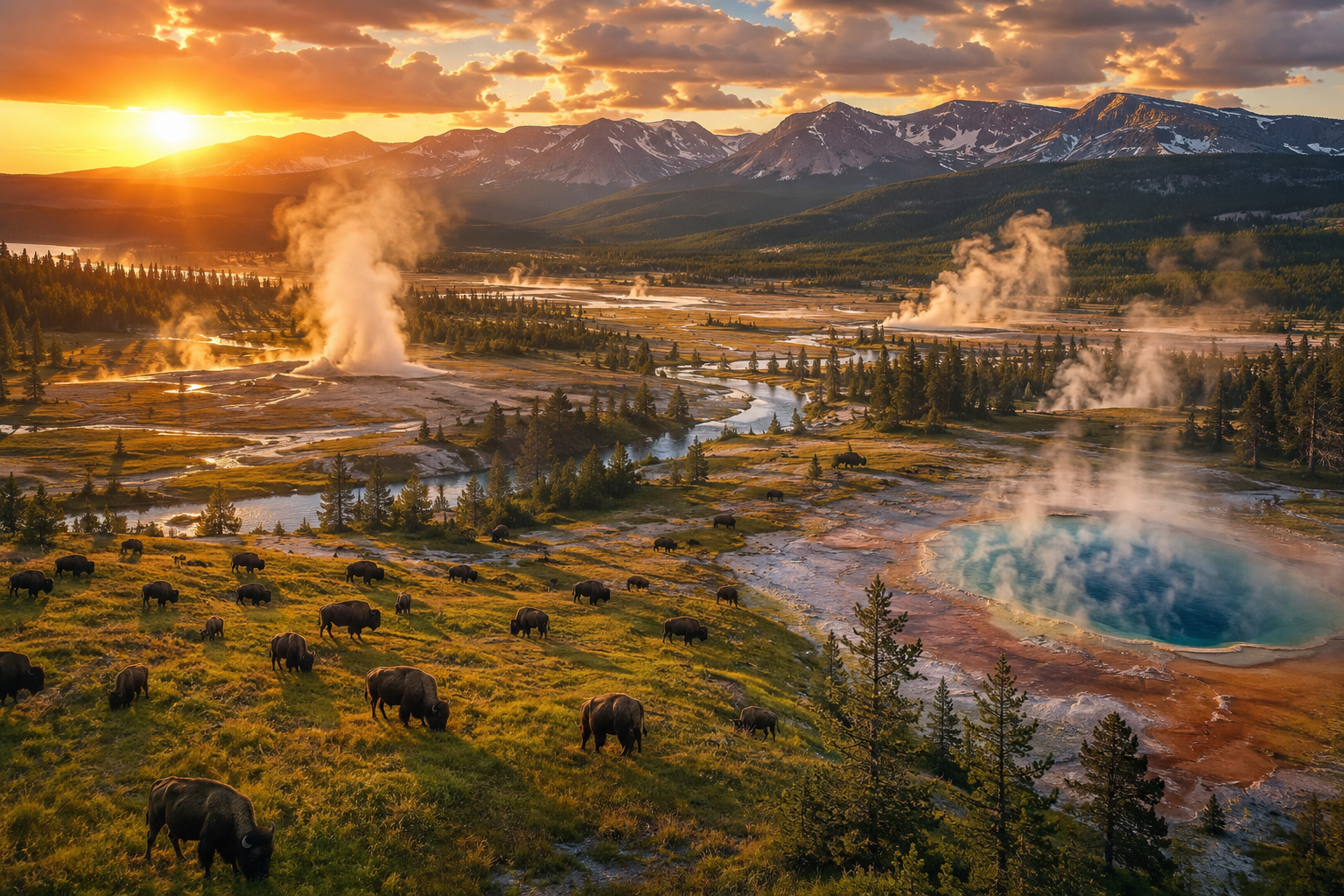 Sunrise over Yellowstone National Park with geothermal steam, rivers, forests, mountains, and grazing American bison.