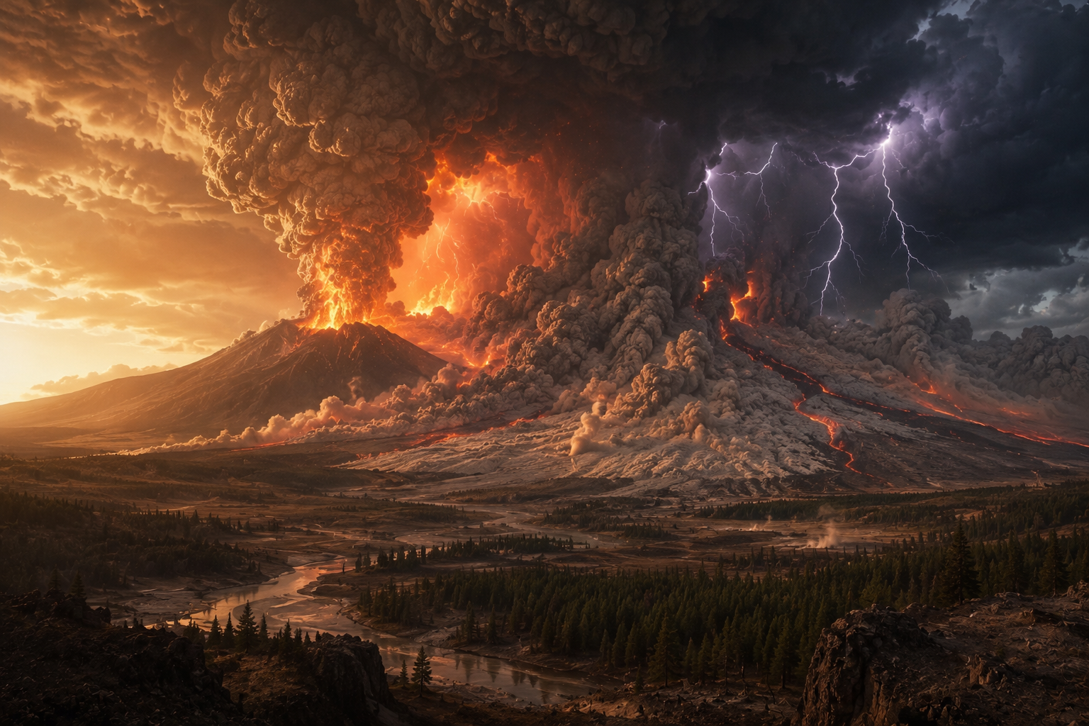 Artistic reconstruction of Yellowstone's ancient super-eruption with ash clouds and pyroclastic flows.