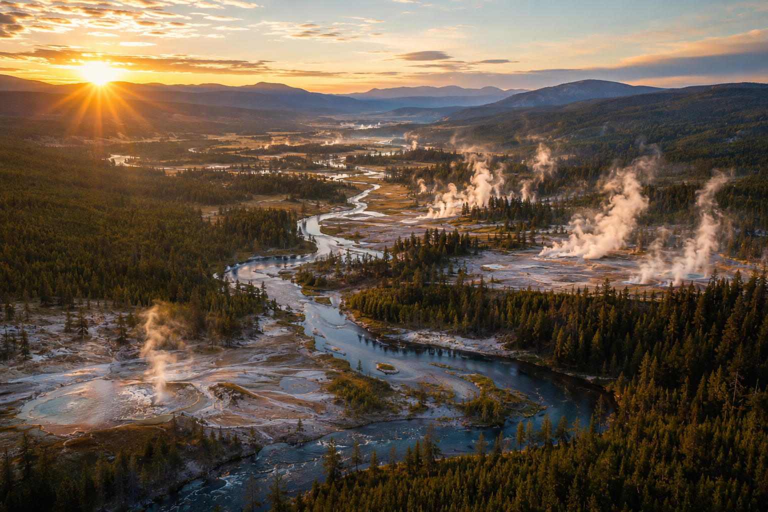 Aerial panorama of Yellowstone National Park with forests, rivers, geothermal steam, and mountains.