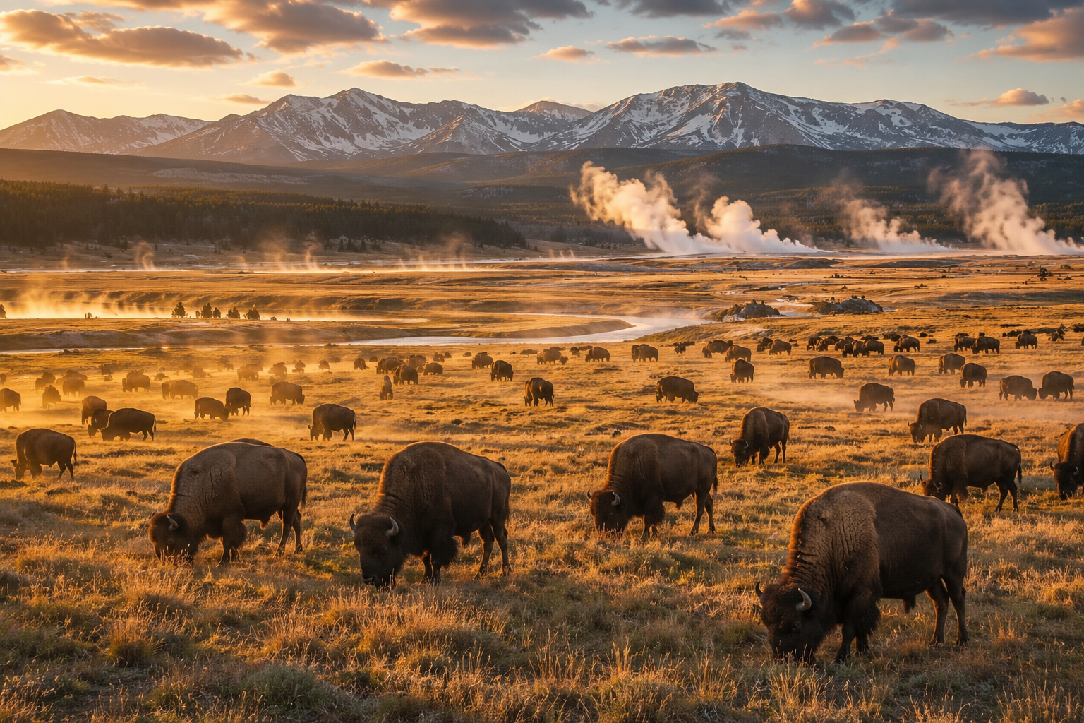 American bison grazing in Yellowstone Valley during sunrise.