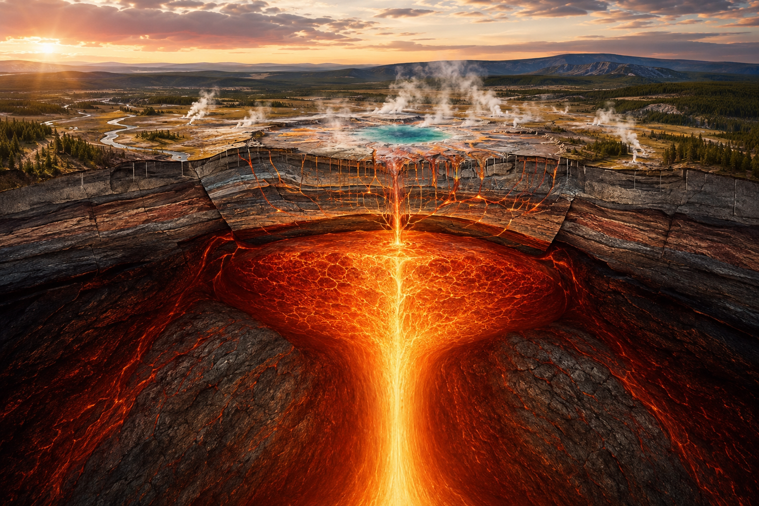 Cross-sectional illustration showing Yellowstone's mantle hotspot and underground magma system.