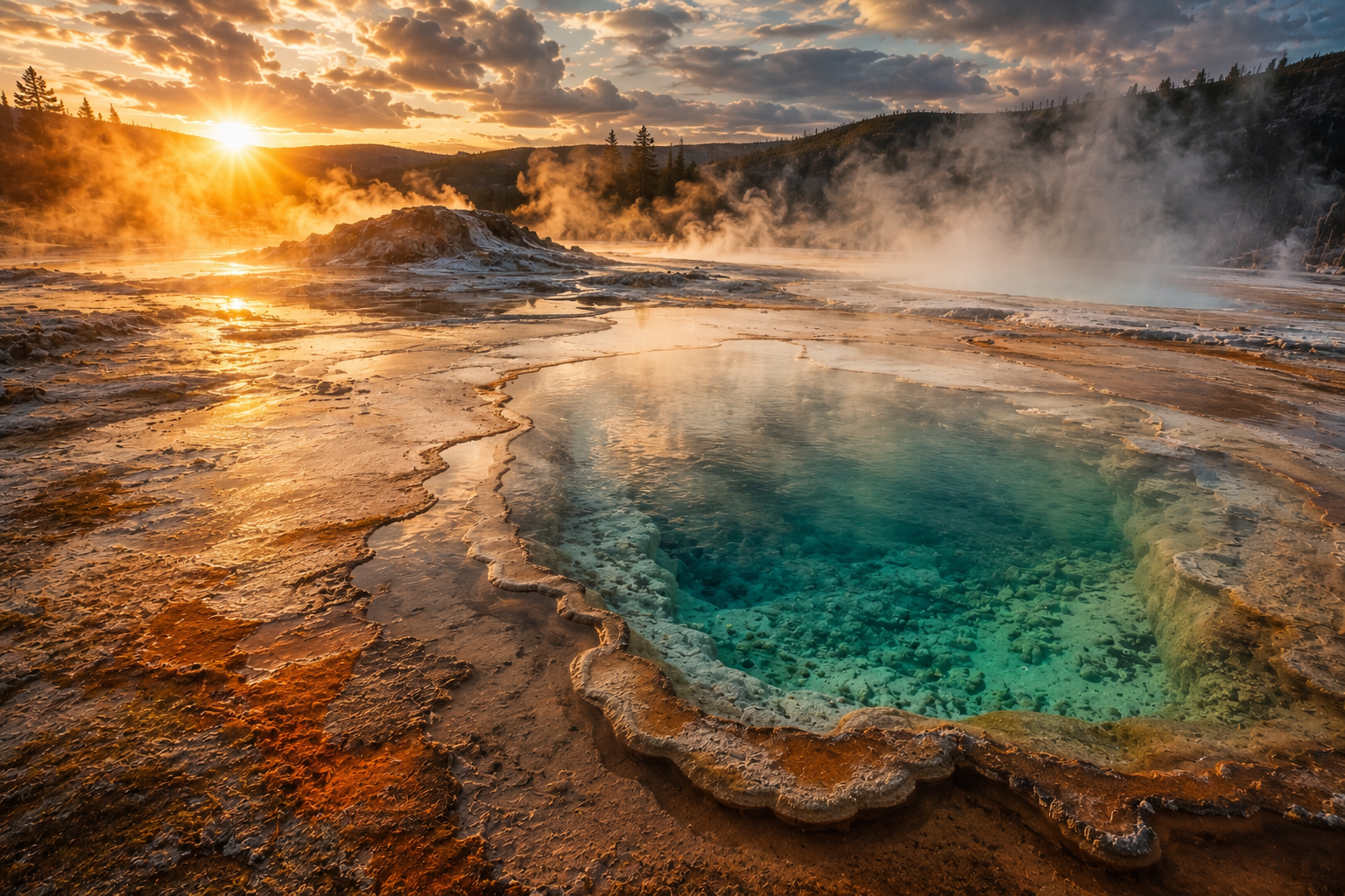 Steam rising from colorful geothermal pools in Yellowstone National Park