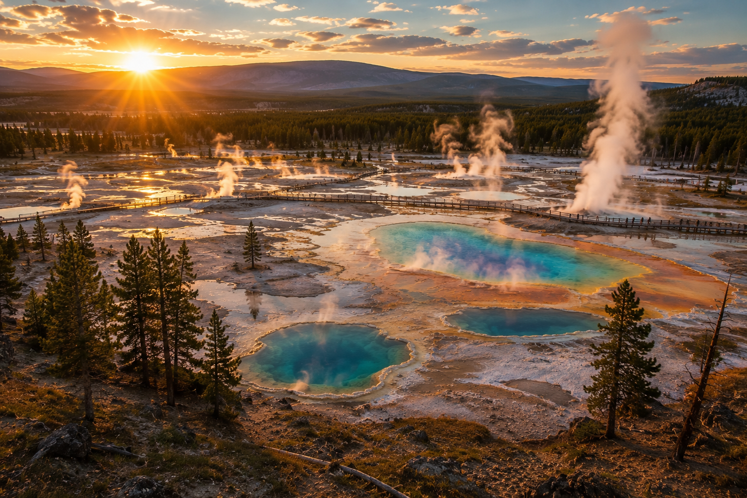 Panoramic view of Yellowstone's geothermal basin with colorful pools and rising steam.