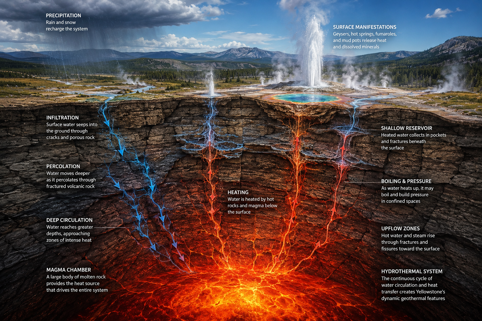 Scientific cross-section explaining Yellowstone's geothermal system.