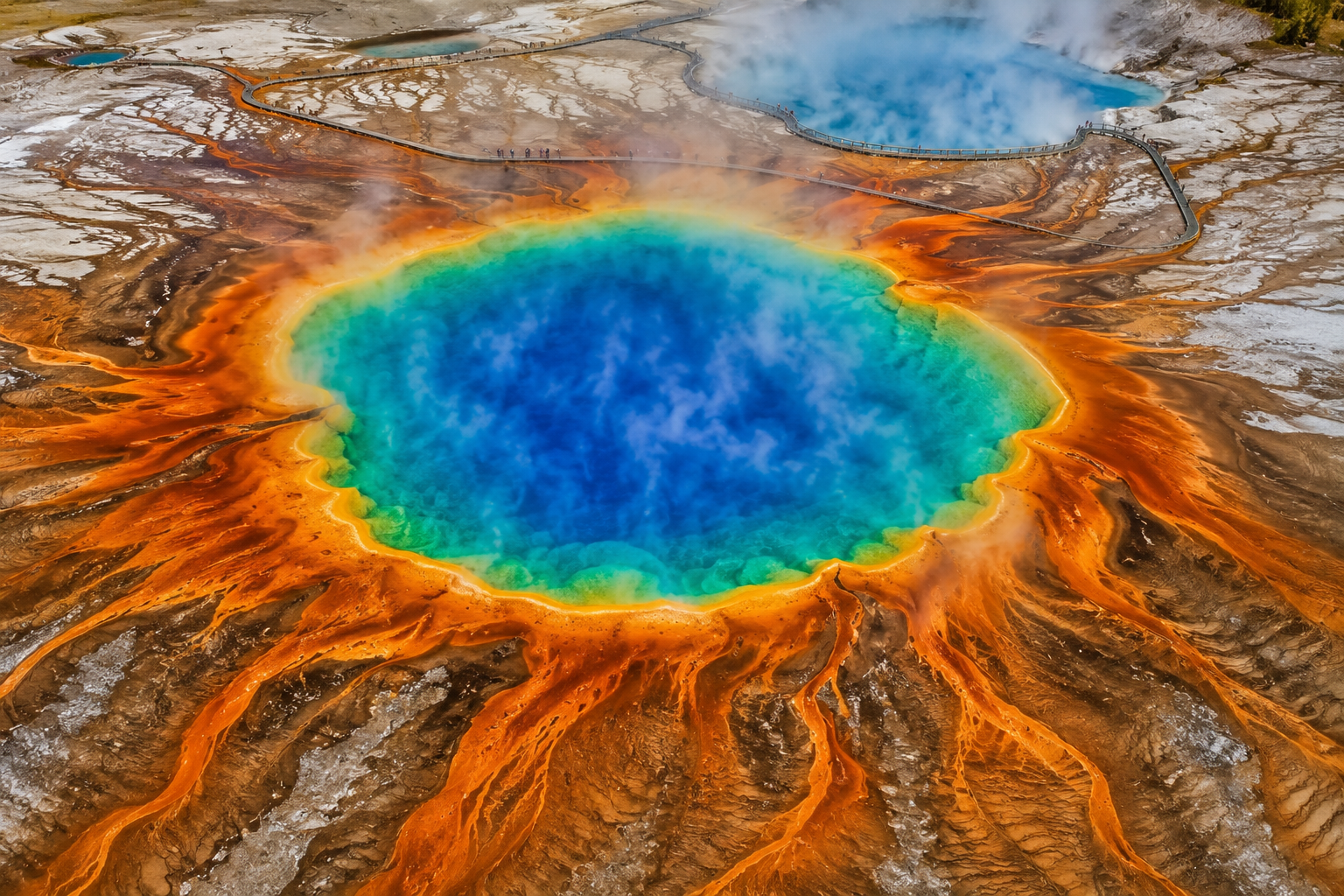 Aerial view of Grand Prismatic Spring in Yellowstone National Park.