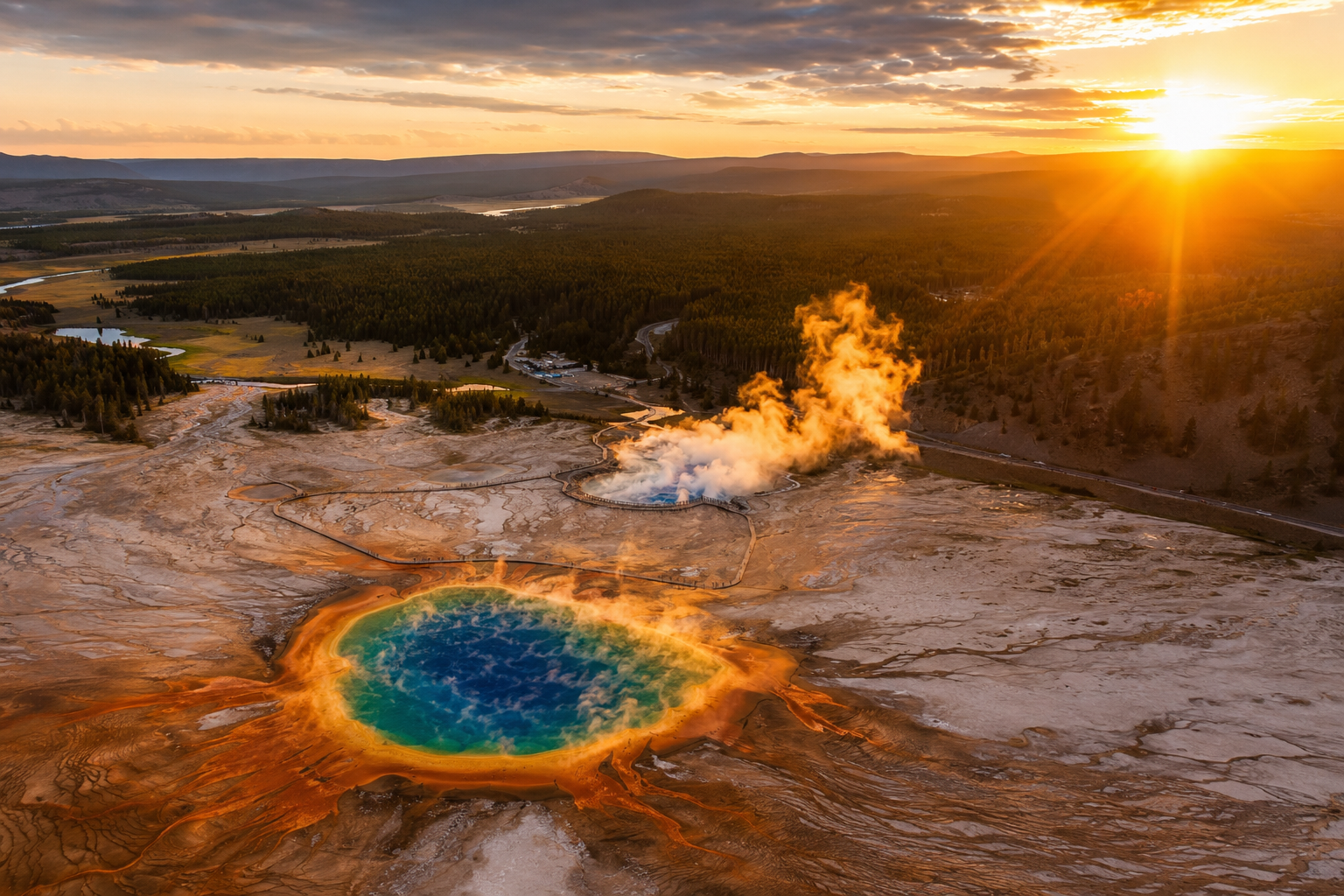 Golden-hour view of Yellowstone's geothermal basin with steam and colorful hot springs.