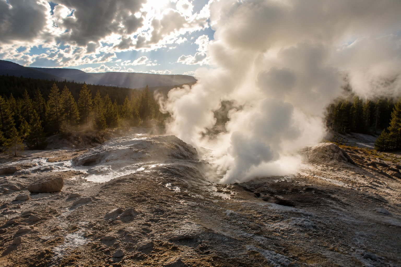 Steam rising from fumaroles in Yellowstone National Park.