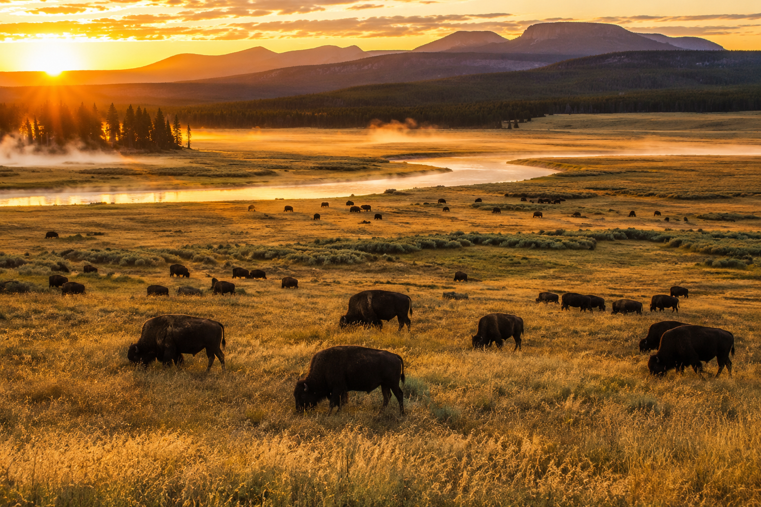 Hayden Valley in Yellowstone National Park with grazing bison during sunrise.