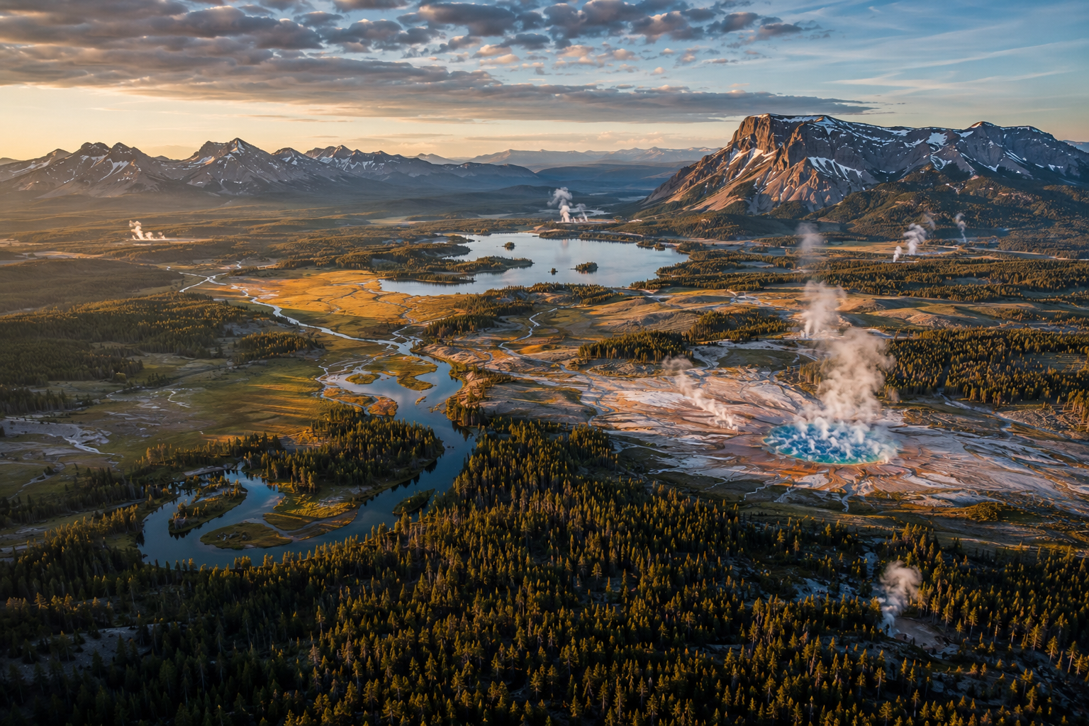Aerial view showing Yellowstone's forests, rivers, mountains, and grasslands.