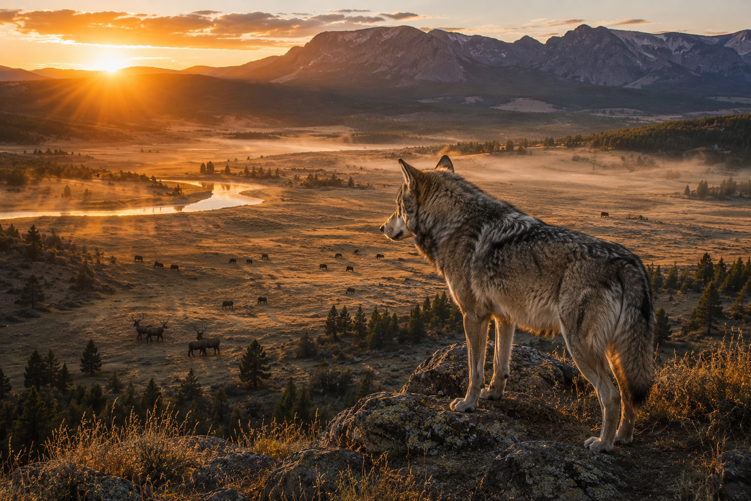 Gray wolf overlooking Lamar Valley at sunrise in Yellowstone National Park.