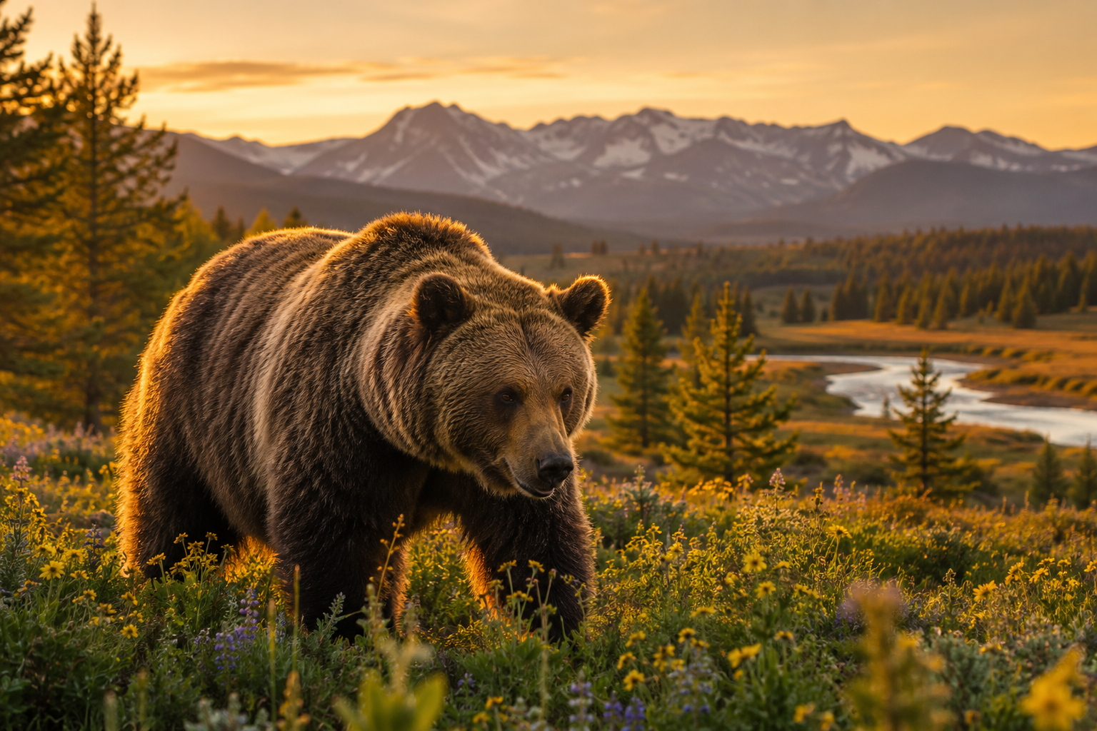 Grizzly bear walking through a Yellowstone meadow during sunrise.