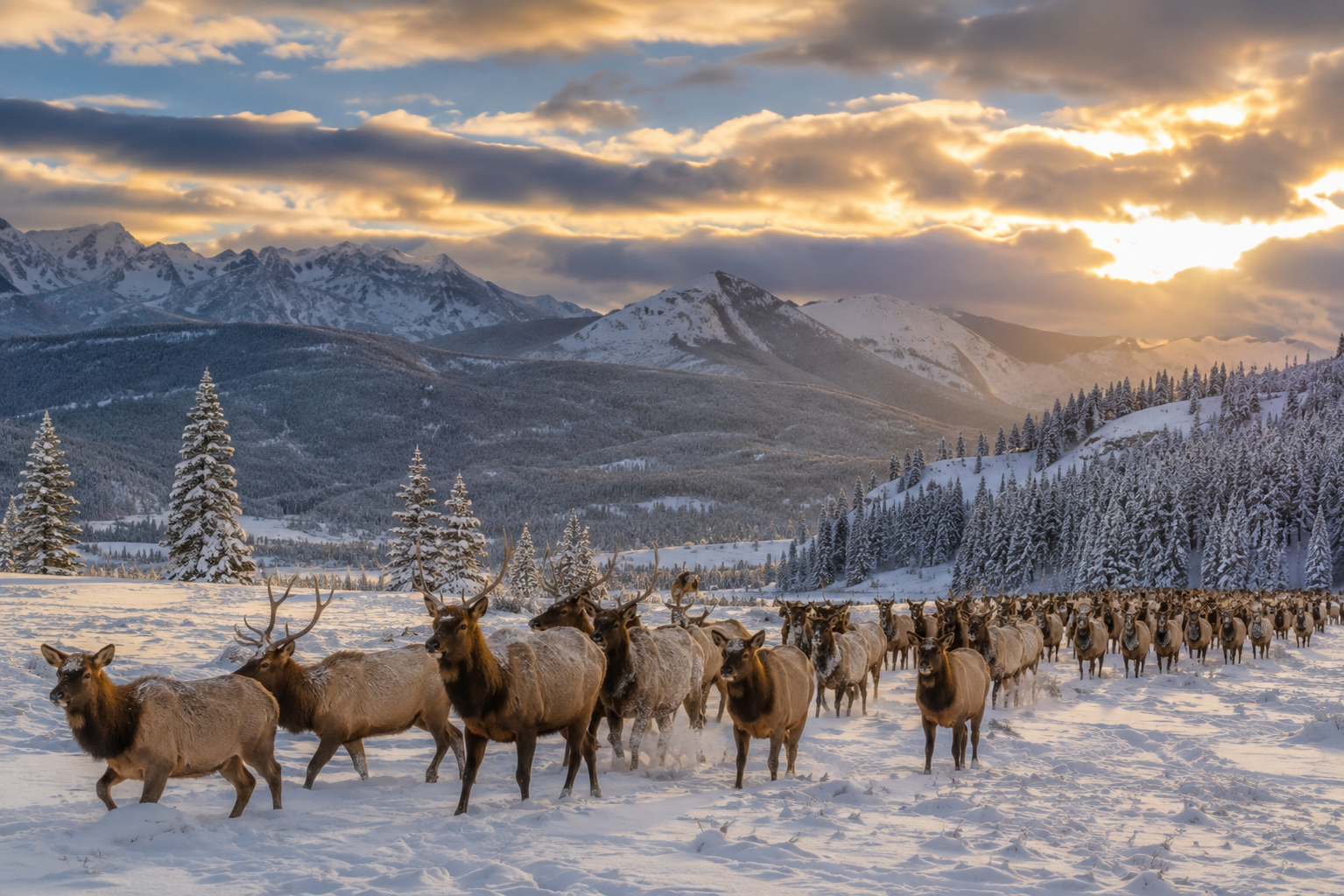 Herd of elk migrating across a snowy Yellowstone valley.