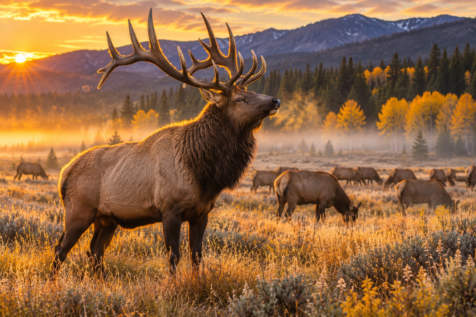 Bull elk with large antlers in Yellowstone during autumn sunrise.