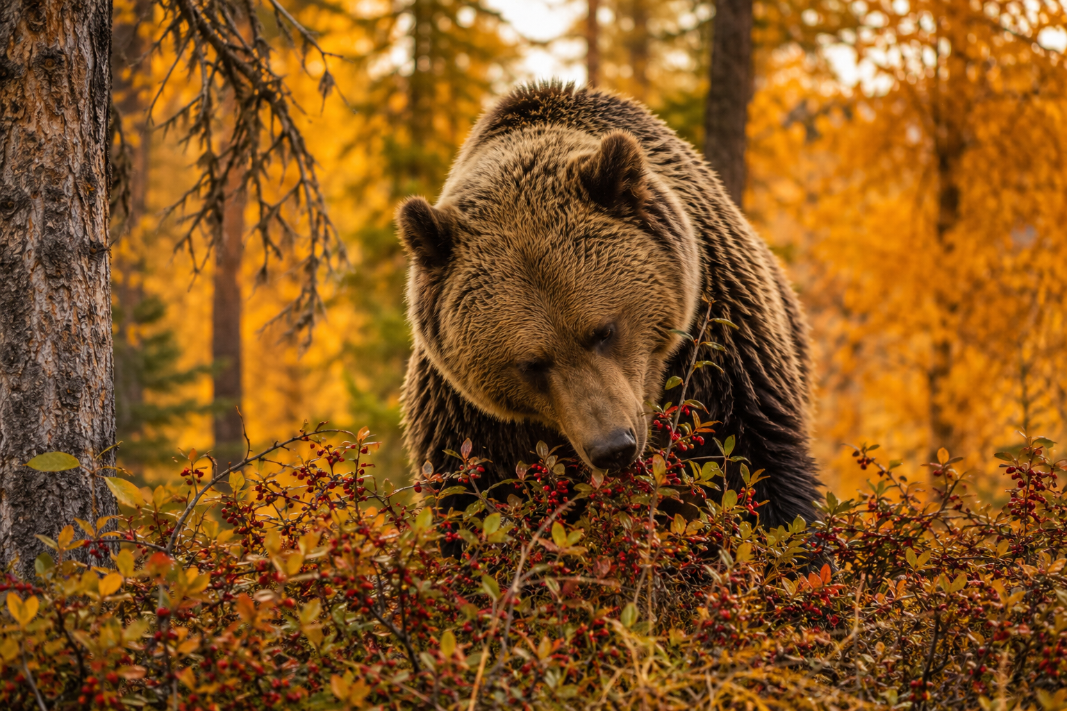 Grizzly bear feeding on berries during autumn in Yellowstone.