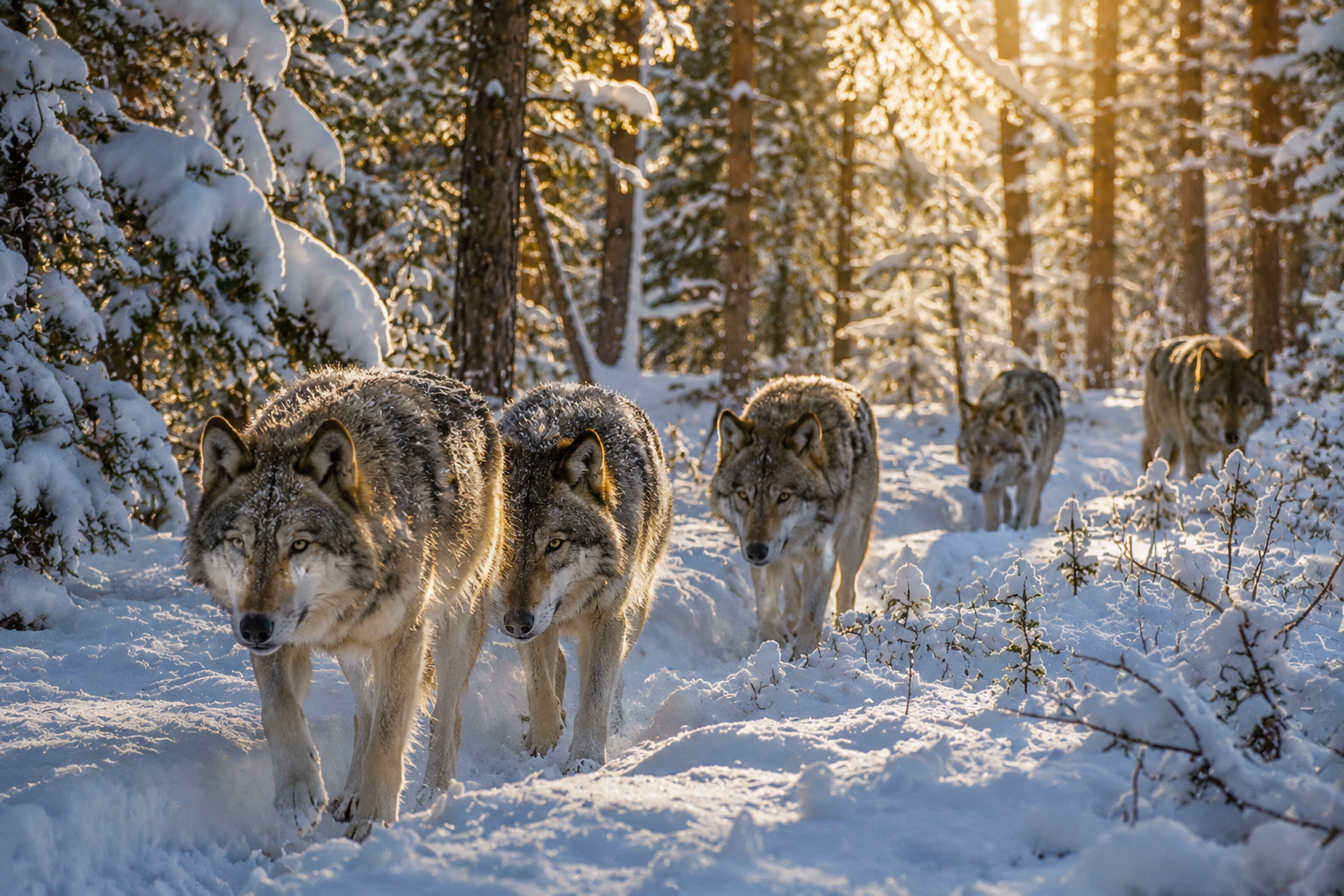 Gray wolf pack moving through a snowy Yellowstone forest.