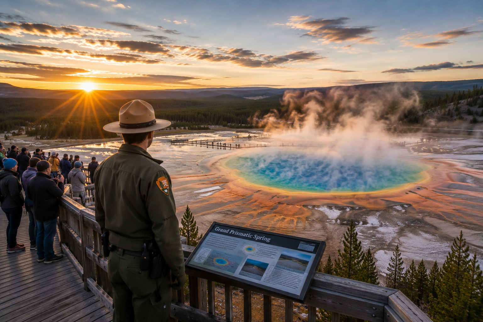 Park ranger and visitors at Grand Prismatic Spring in Yellowstone National Park.