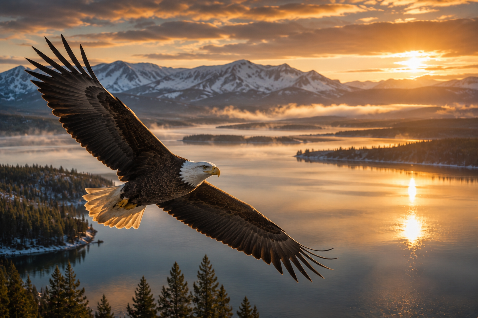 Bald eagle soaring above Yellowstone Lake during sunrise