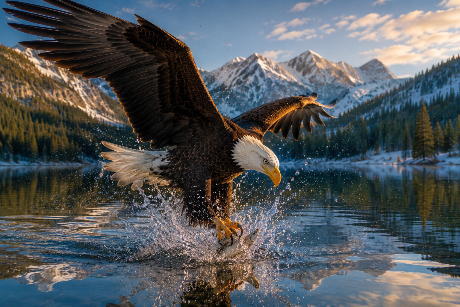 Bald eagle catching a fish from Yellowstone Lake.