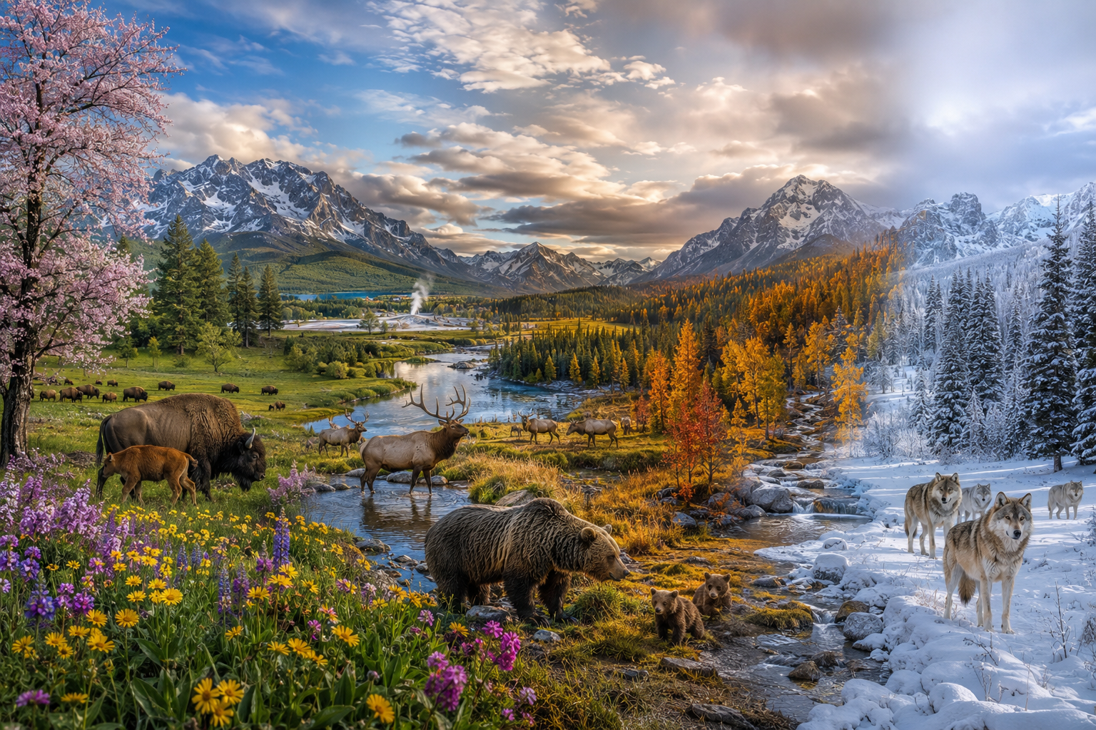 Four seasons of Yellowstone National Park in one panoramic scene.