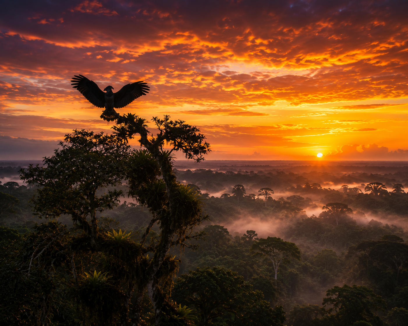 Silhouette of a harpy eagle at sunset above the Amazon rainforest, representing hope for wildlife conservation.