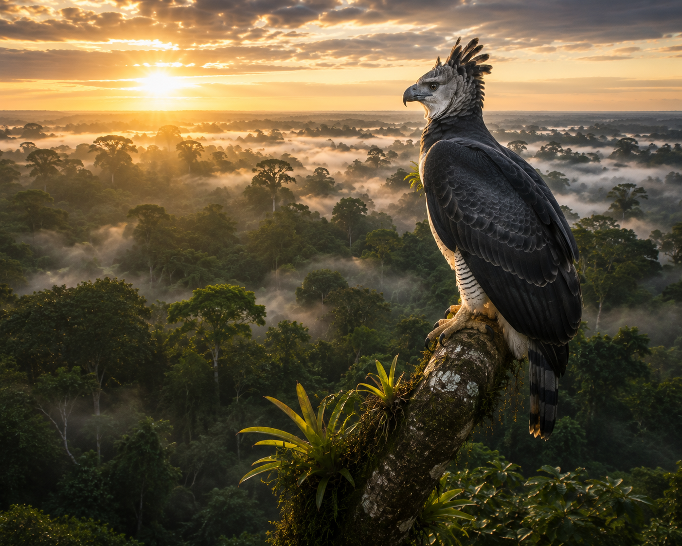 Harpy eagle overlooking the Amazon rainforest canopy at sunrise, symbolizing wildlife conservation and ecosystem health.