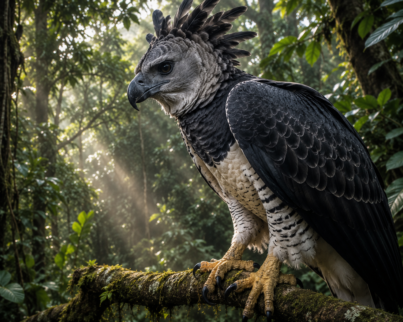 Close-up of a harpy eagle showing its powerful talons, hooked beak, and raised feather crest in the Amazon rainforest.