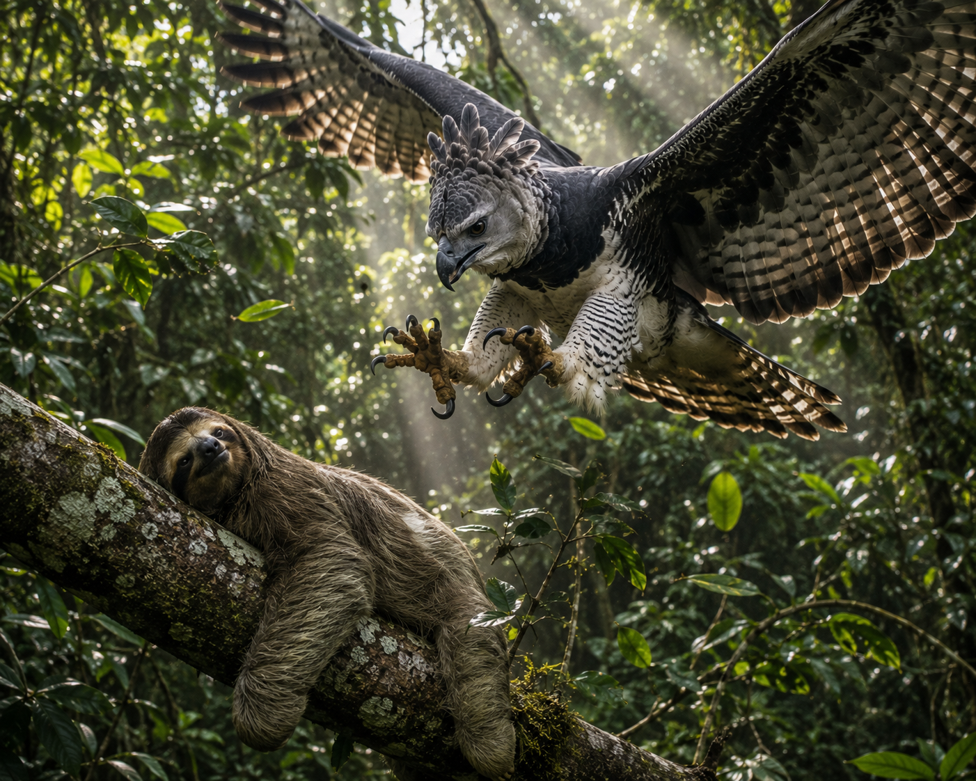 Harpy eagle gliding silently through the Amazon rainforest canopy while hunting a sloth.