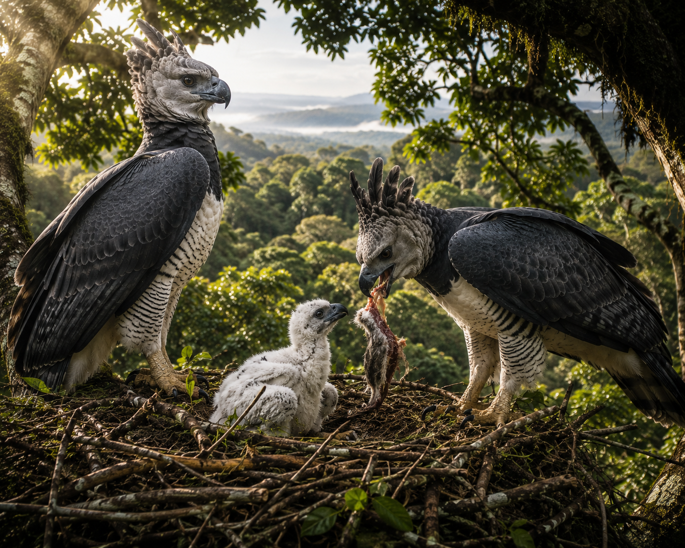 Adult harpy eagles caring for a chick in a massive nest high above the Amazon rainforest canopy.