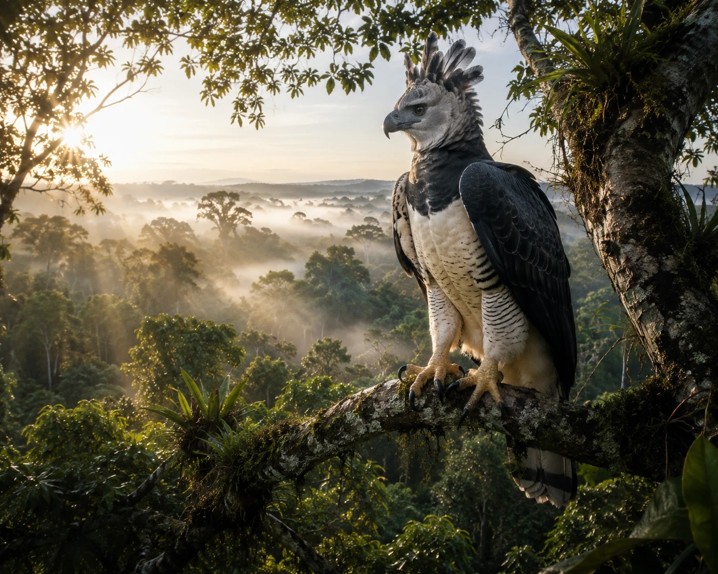 Adult harpy eagle perched on a giant rainforest tree overlooking the Amazon canopy.
