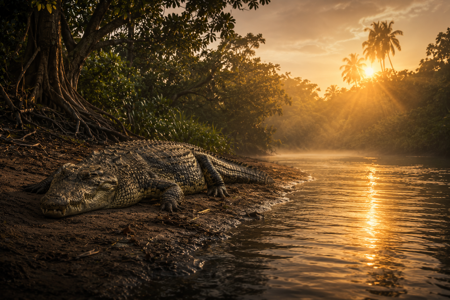 Saltwater crocodile resting beside a tropical river.