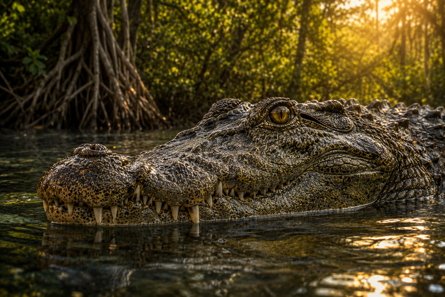 Close-up of a saltwater crocodile showing its narrow V-shaped snout and exposed teeth.
