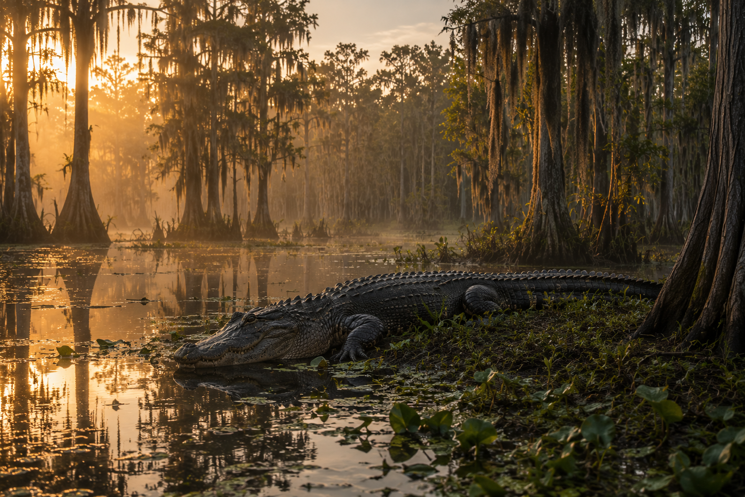 American alligator resting in a freshwater swamp.