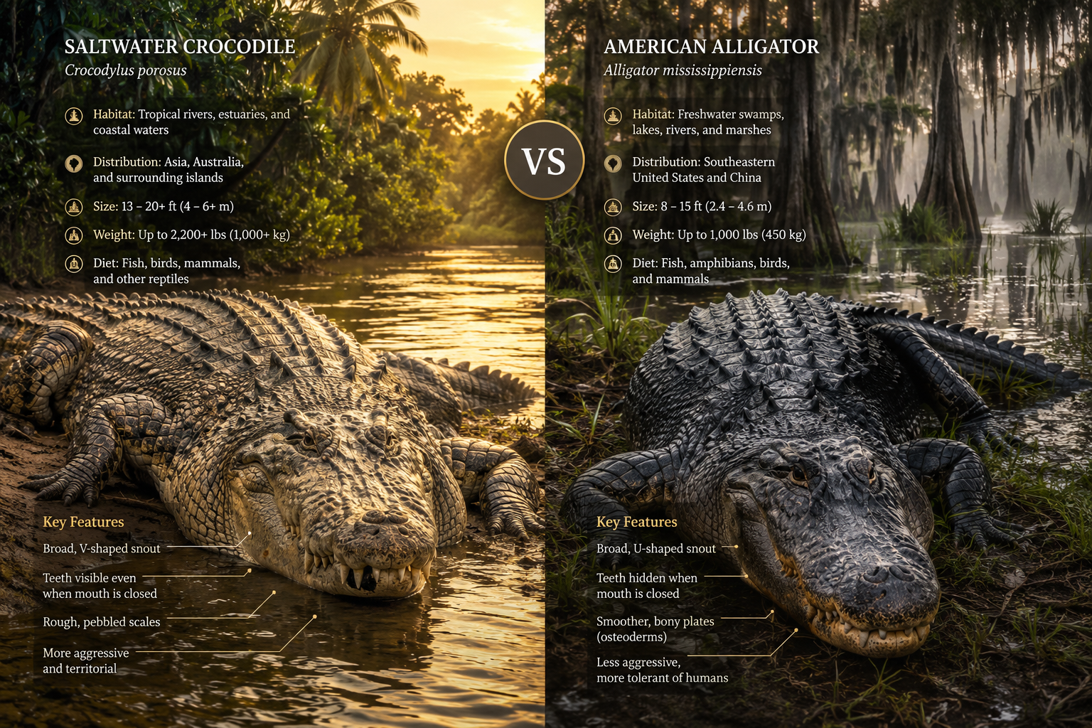 Side-by-side comparison of a saltwater crocodile and an American alligator in their natural wetland habitats.