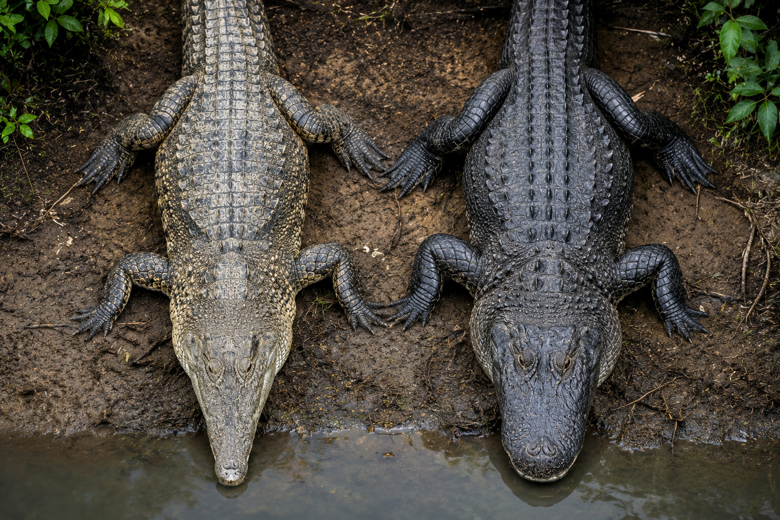 Top-down comparison showing the different snout shapes of a crocodile and an alligator.
