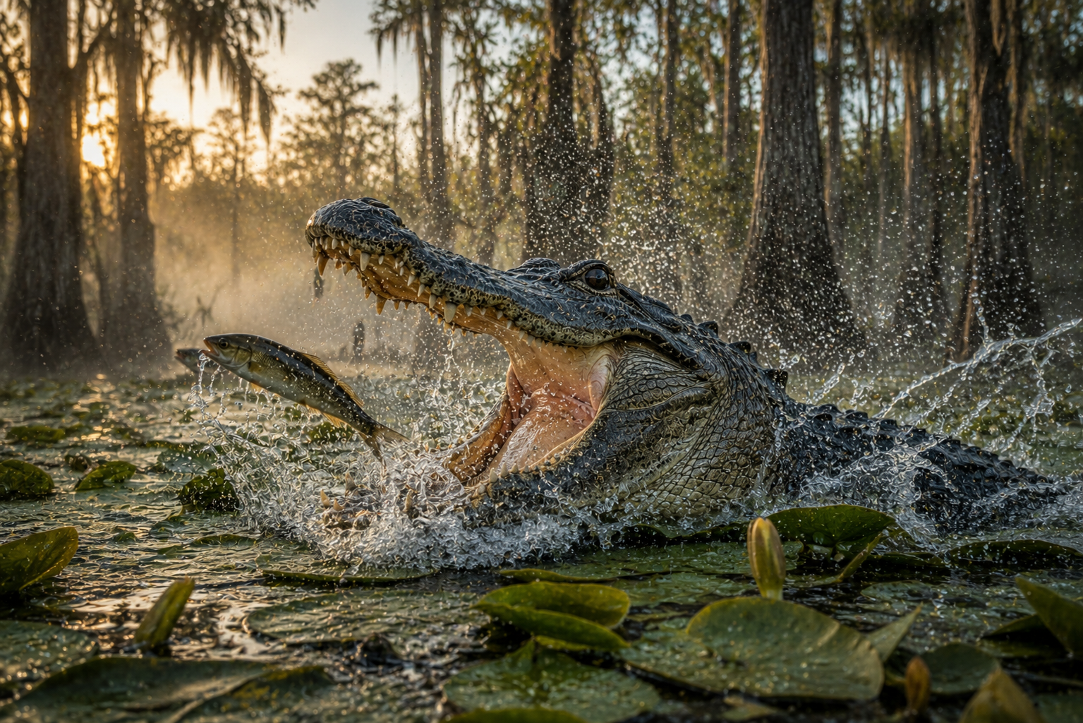 American alligator ambushing a fish in a freshwater swamp.