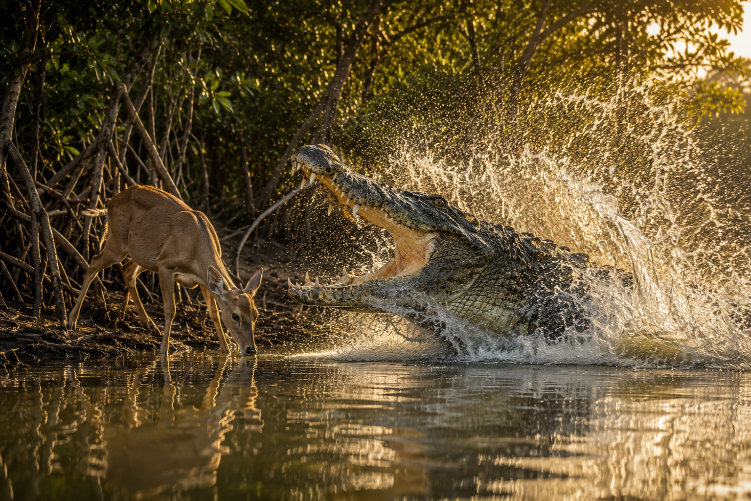 Saltwater crocodile launching from a tropical river to ambush prey at the water's edge.