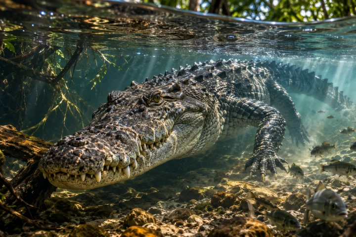 Underwater view of a crocodile silently approaching prey before an ambush attack.