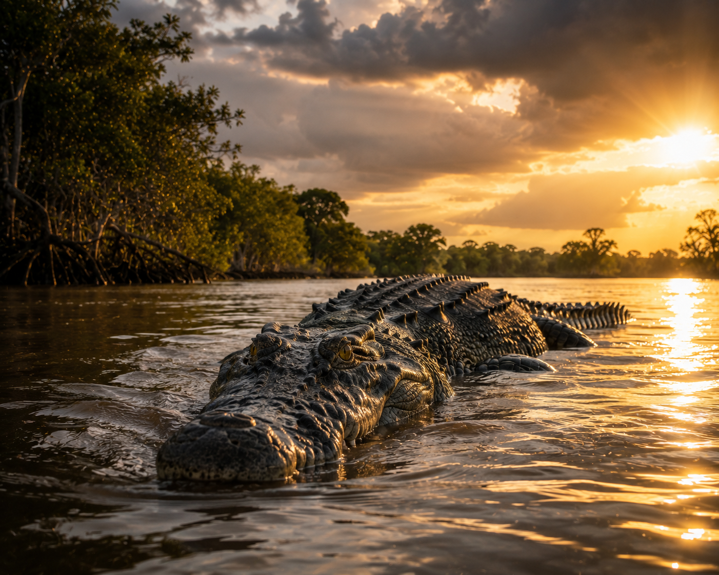 Massive saltwater crocodile moving through a tropical estuary at sunset.