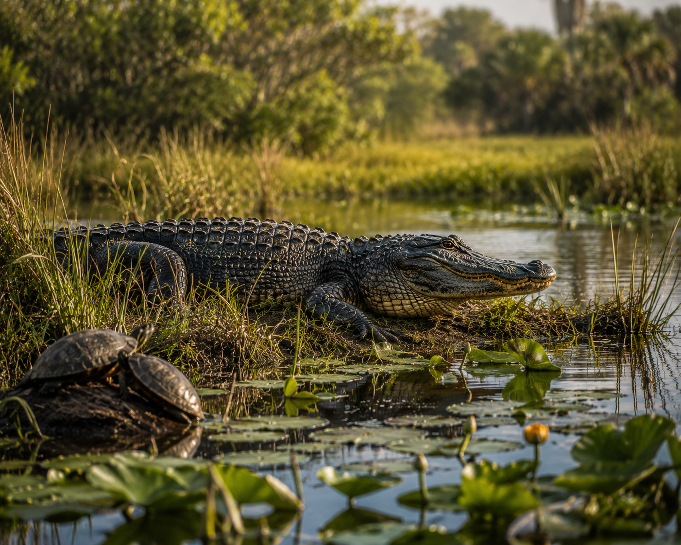 American alligator resting beside a peaceful freshwater marsh in Florida.