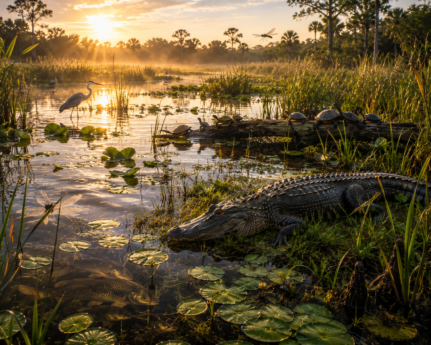Healthy freshwater wetland ecosystem with an American alligator surrounded by wildlife.