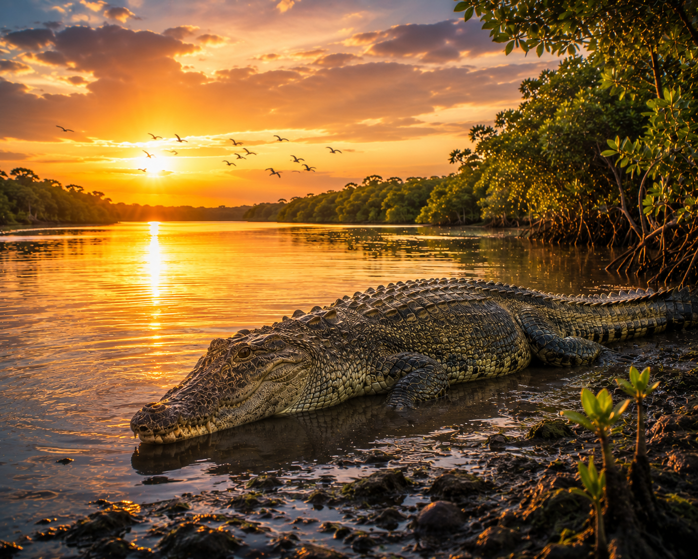 Saltwater crocodile resting peacefully in a protected tropical wetland at sunset.