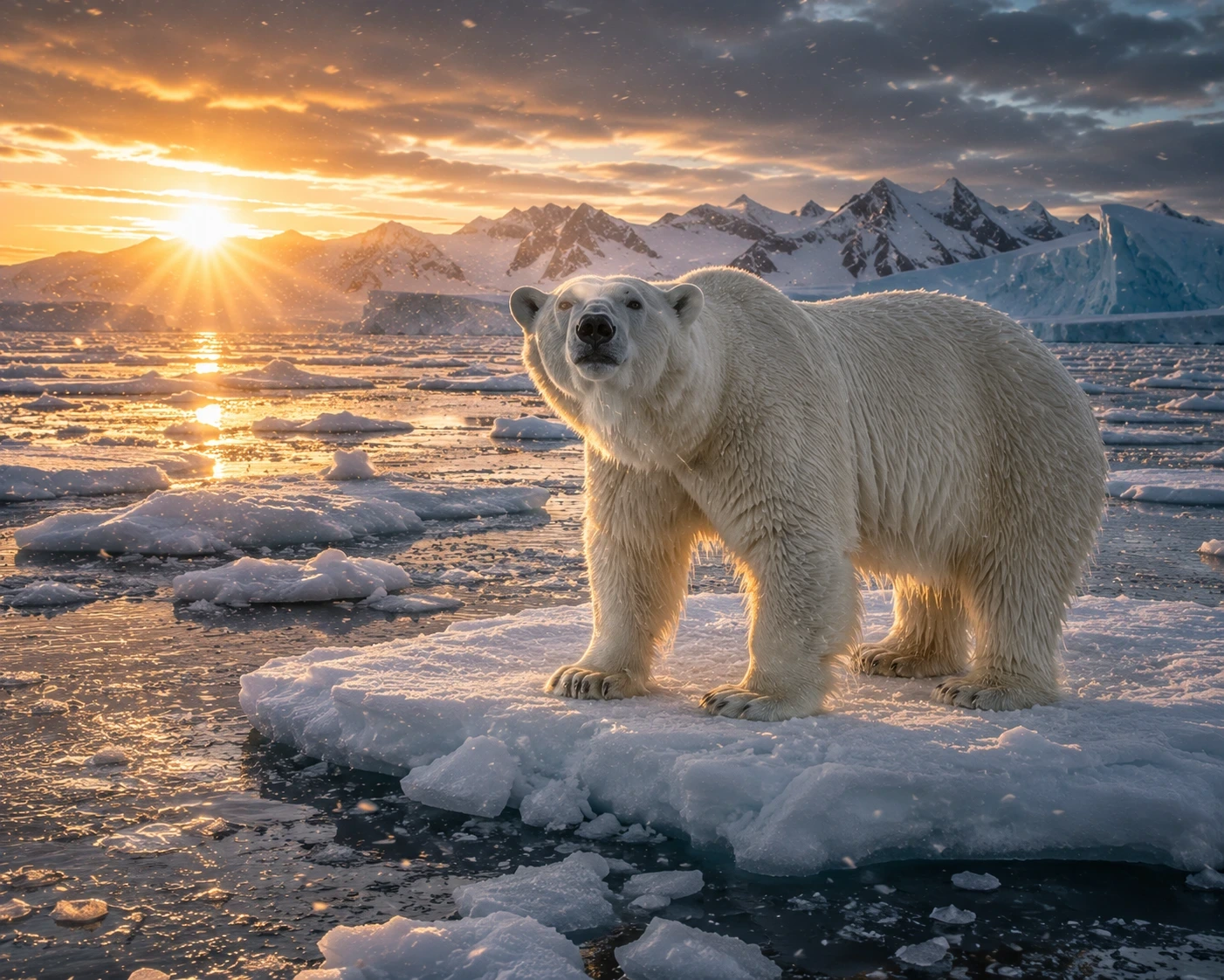 Adult polar bear standing on Arctic sea ice at sunrise.