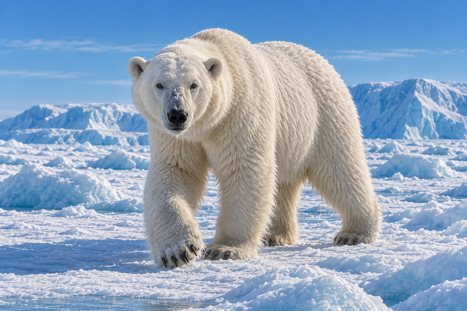 Full-body portrait of a polar bear walking across Arctic sea ice.