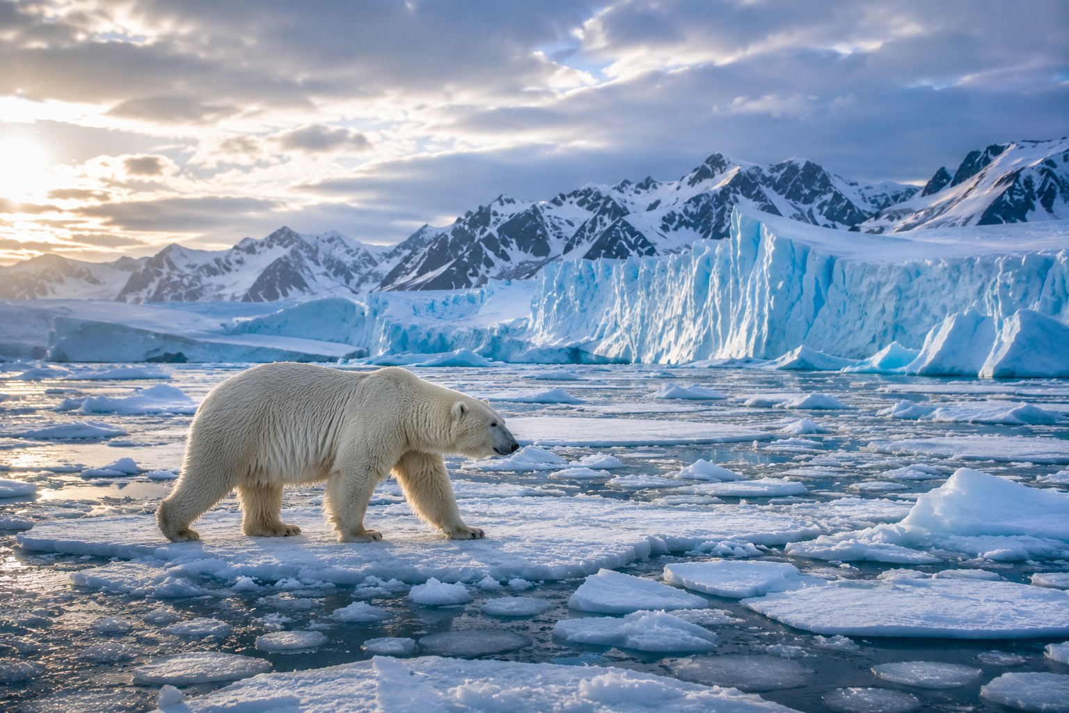 Polar bear walking across drifting sea ice in the Arctic Ocean.