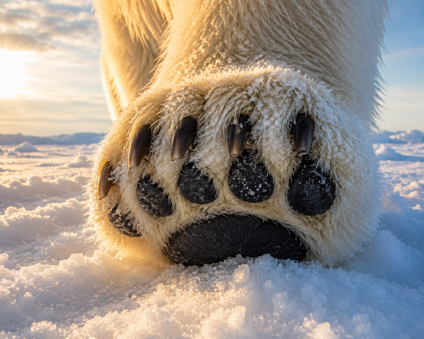 Close-up of a polar bear's massive paw showing thick fur, claws, and rough paw pads.