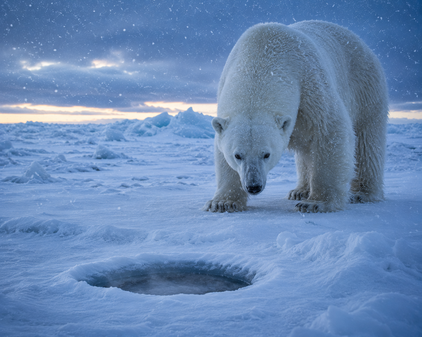 Polar bear patiently waiting beside a seal's breathing hole on Arctic sea ice.