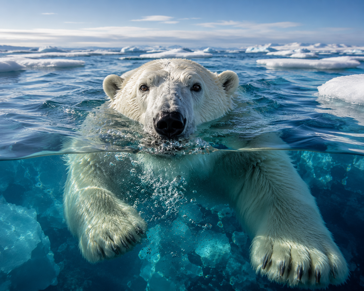Polar bear swimming through icy Arctic waters between drifting sea ice.