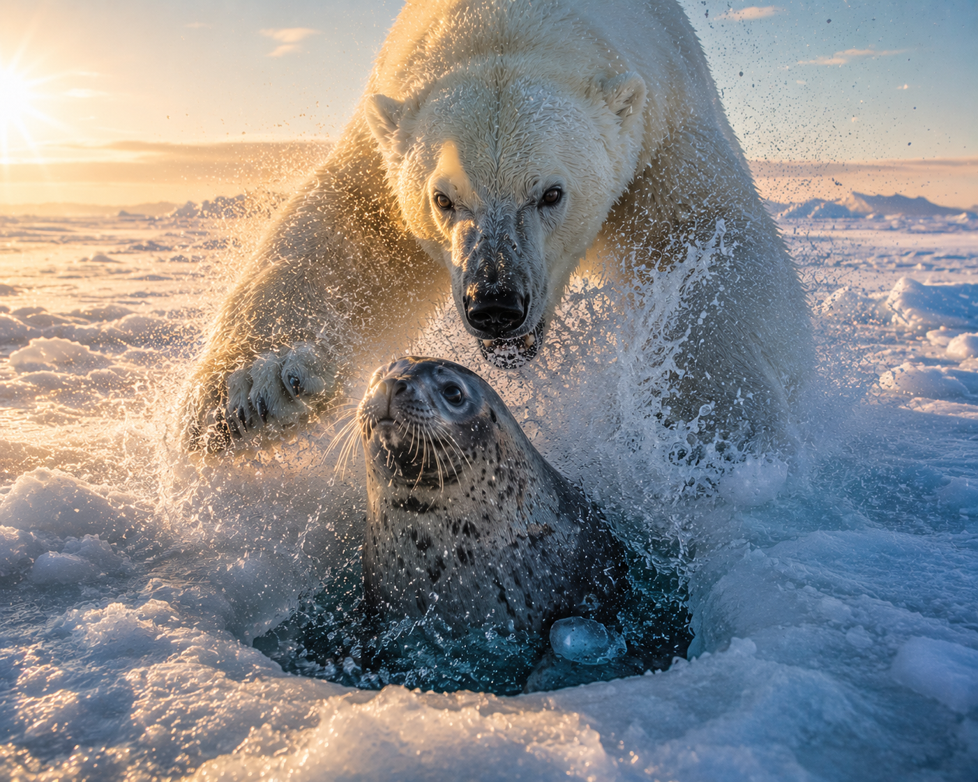 Polar bear launching a powerful attack on a seal emerging through sea ice.