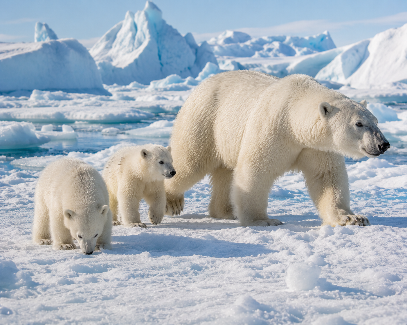 Polar bear cubs following their mother across Arctic sea ice while learning to survive