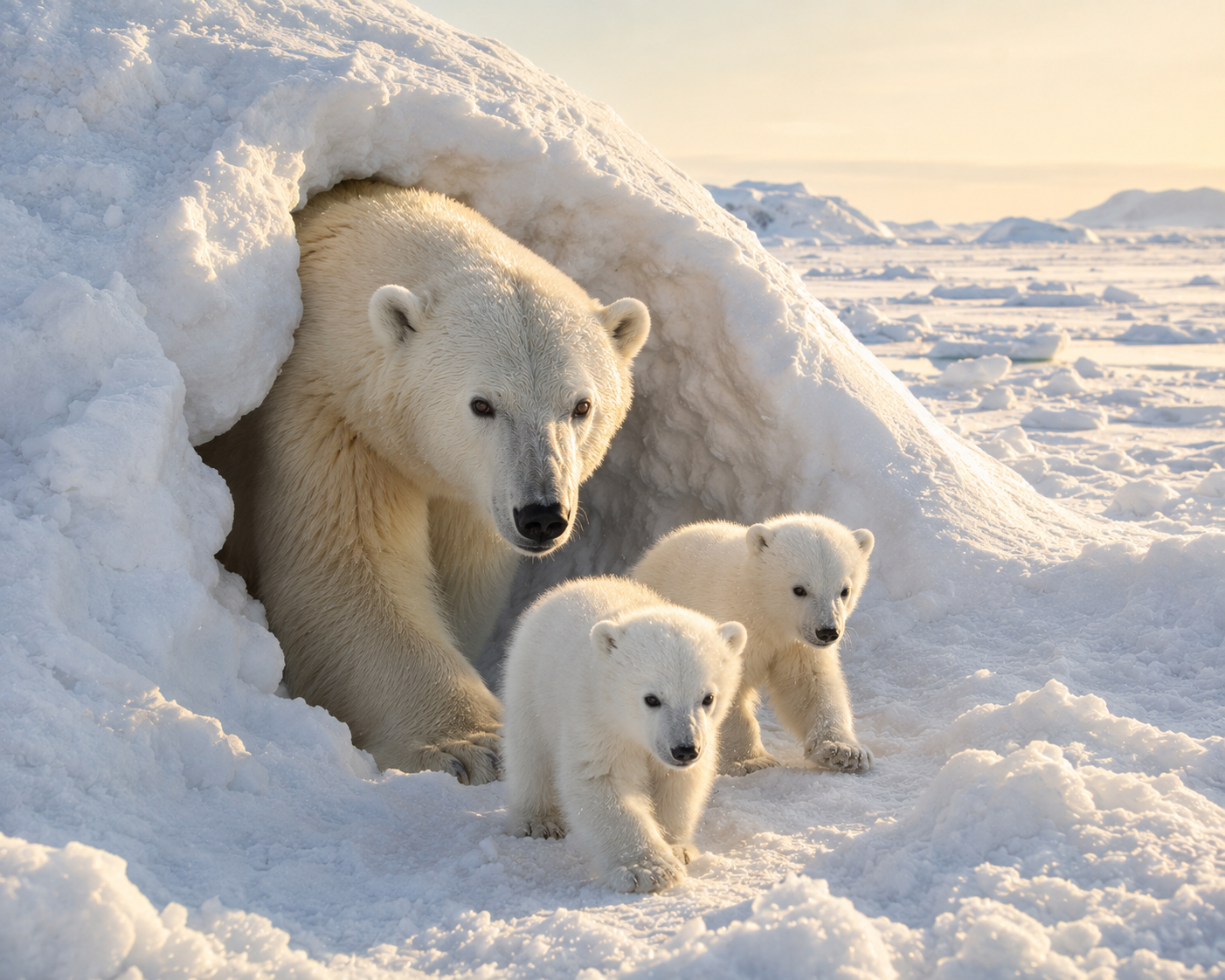 Mother polar bear emerging from a snow den with two newborn cubs in early spring.